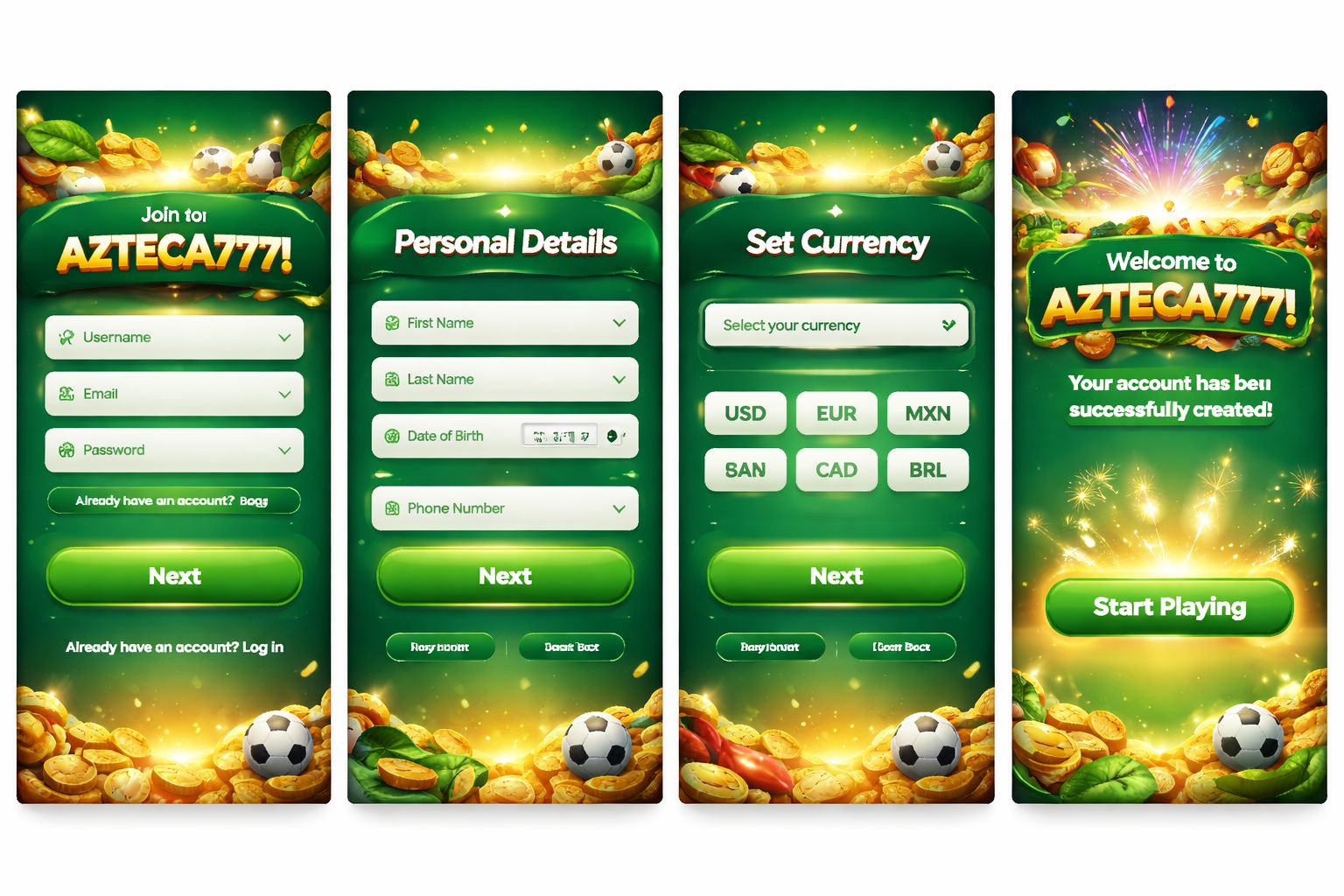 Proceso de registro de nuevo usuario y configuración de cuenta AZTECA777