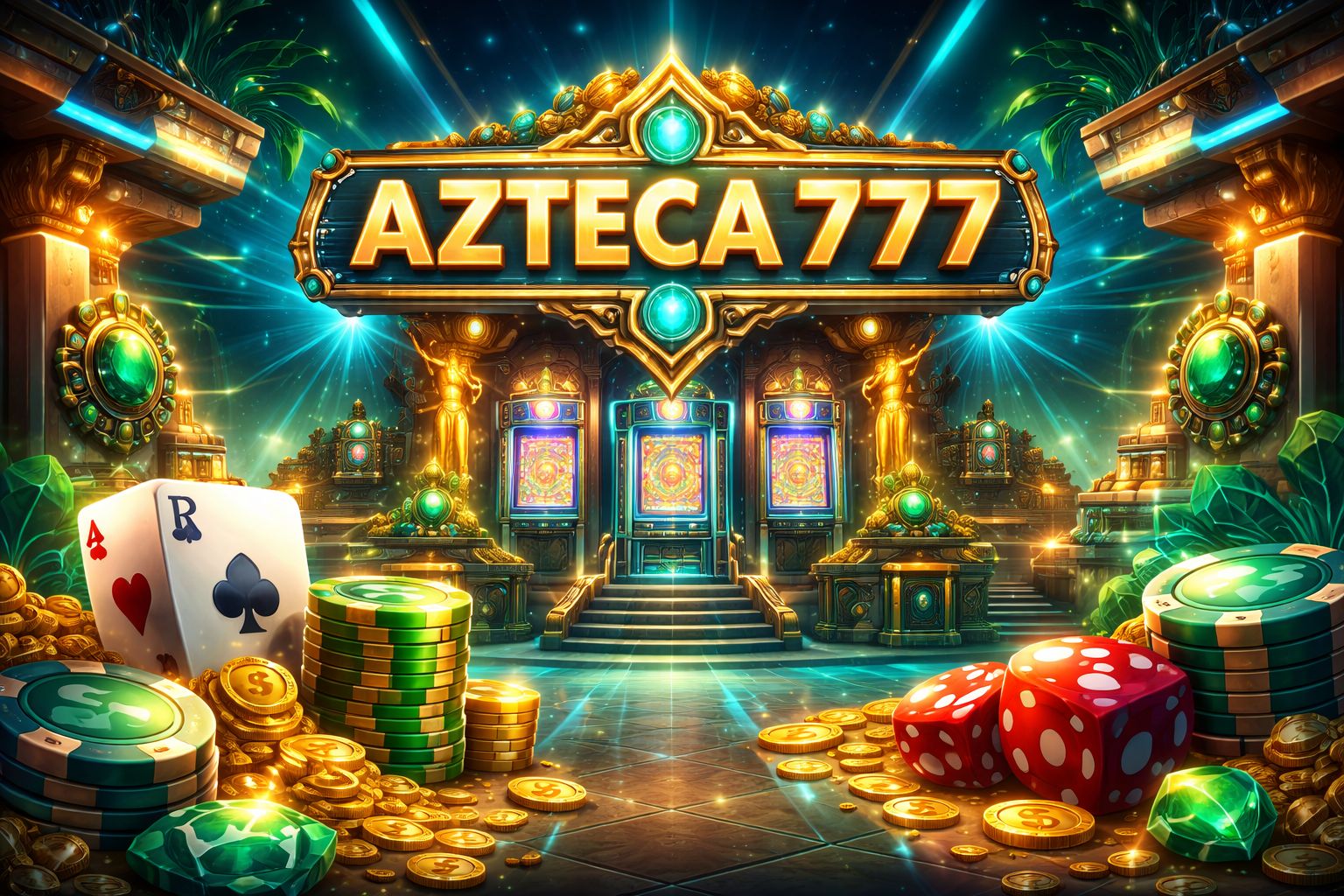 Escena vibrante del lobby de casino AZTECA777 con íconos de juegos brillantes, fichas, cartas y acentos de neón.