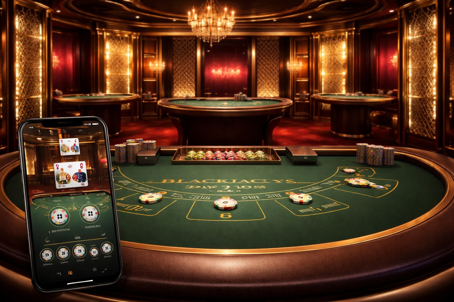 Configuración moderna de casino en vivo con una mesa digital de blackjack, luces de estudio y una pantalla móvil mostrando juego en tiempo real.