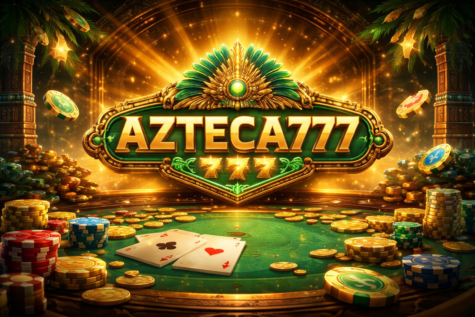 Una vibrante escena de juego AZTECA777 con detalles dorados brillantes, elementos de casino y una atmósfera festiva inspirada en México.
