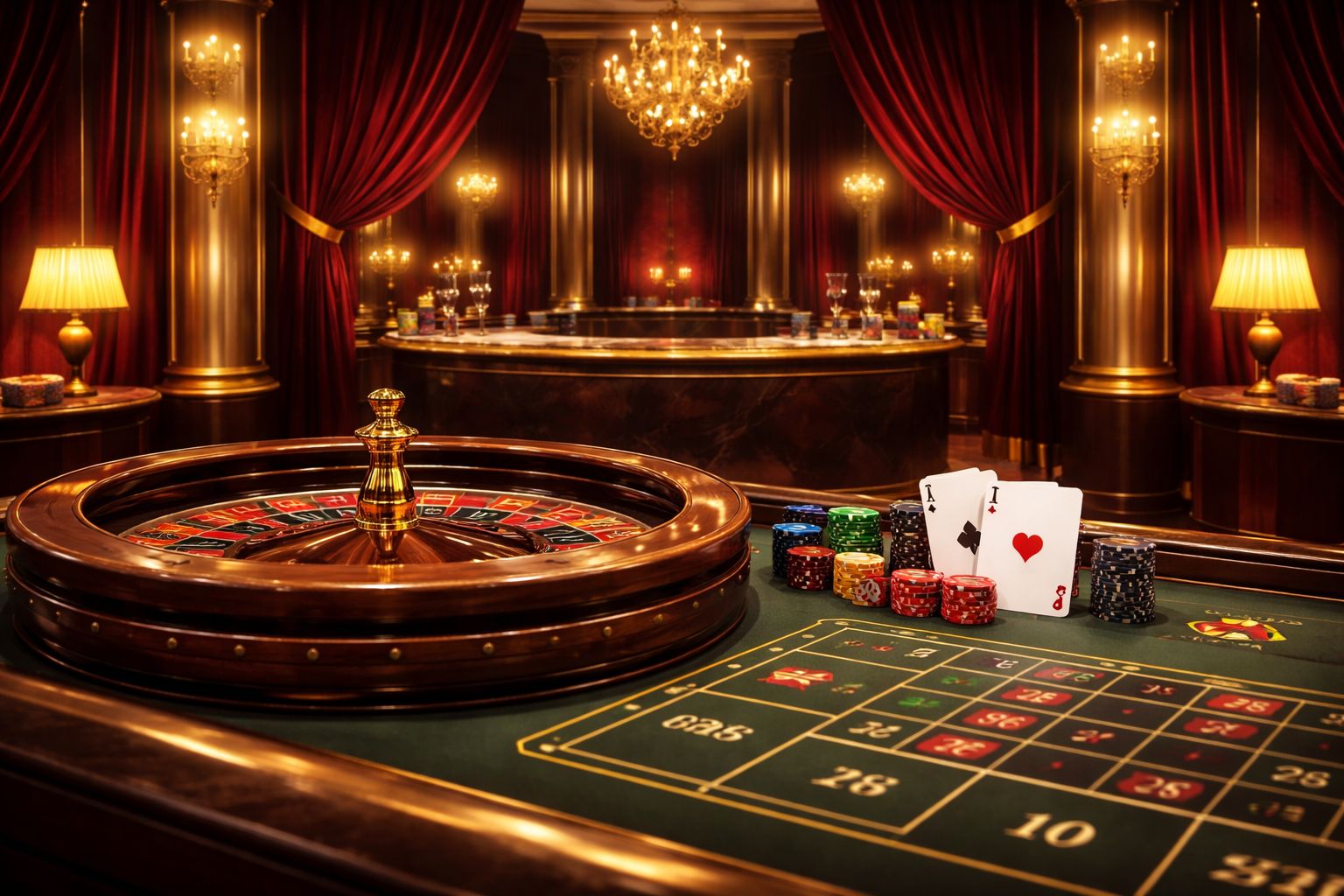 Un montaje pulido de casino en vivo para AZTECA777 con cartas, elementos de ruleta y una atmósfera de estudio premium.