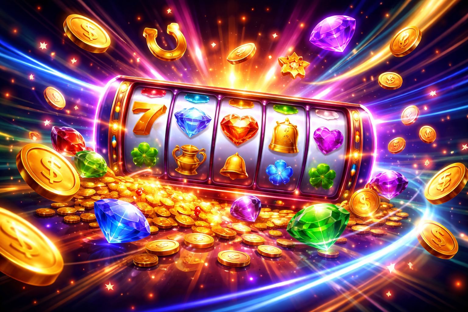 Una vívida pantalla de juego estilo tragamonedas AZTECA777 con símbolos brillantes, monedas y un ambiente energético de casino.