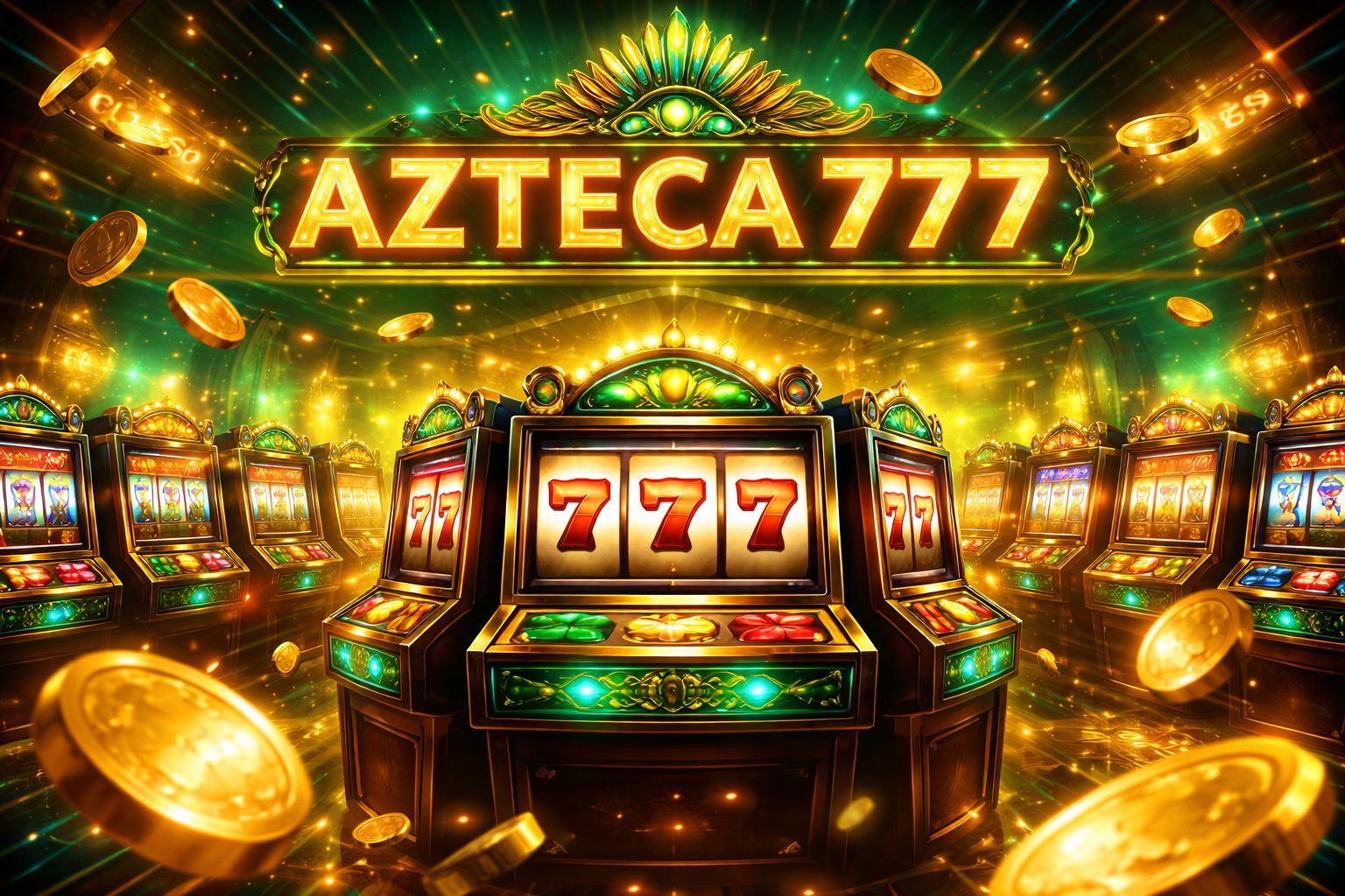 Vestíbulo de tragamonedas AZTECA777 con carretes brillantes e íconos de bonificación